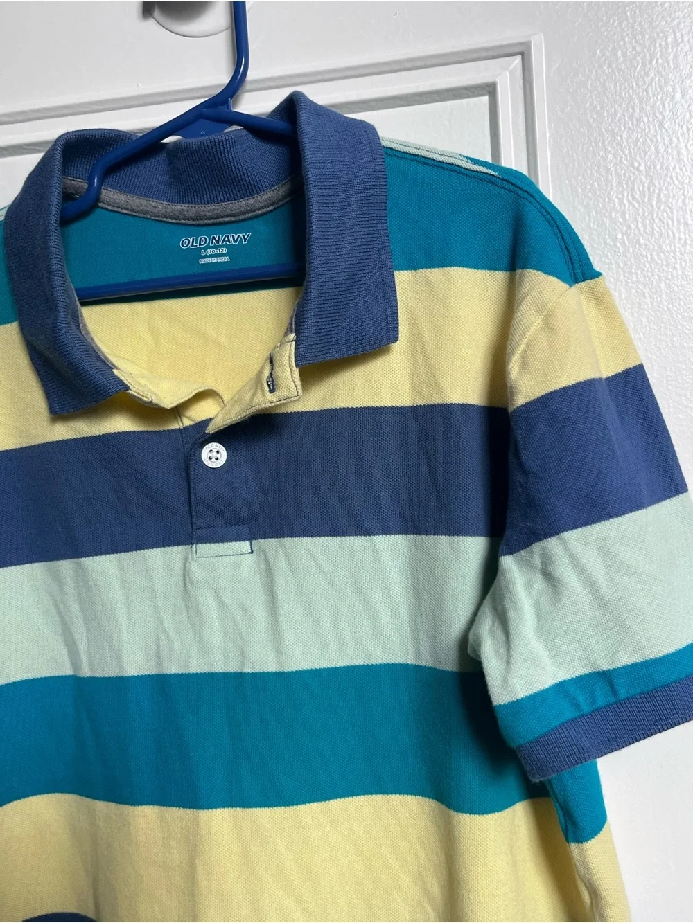 Old Navy Men’s Short Sleeve Polo in Navy, Teal & Yellow Stripes